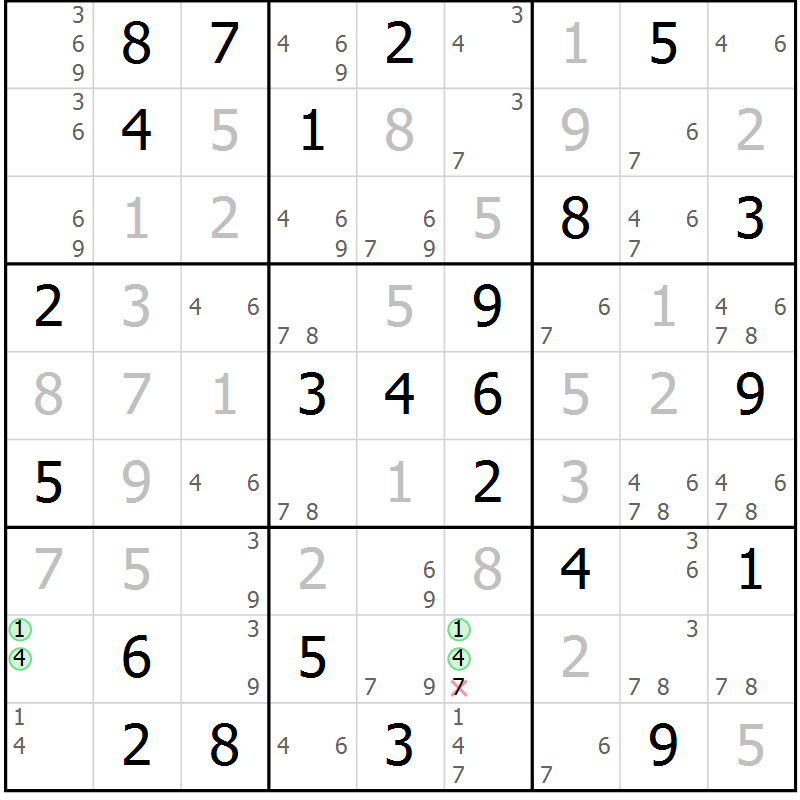 Position des candidats pour la solution de la Gr 56 page 58 du magazine de sudoku SUDOKU EXPERT n° 022