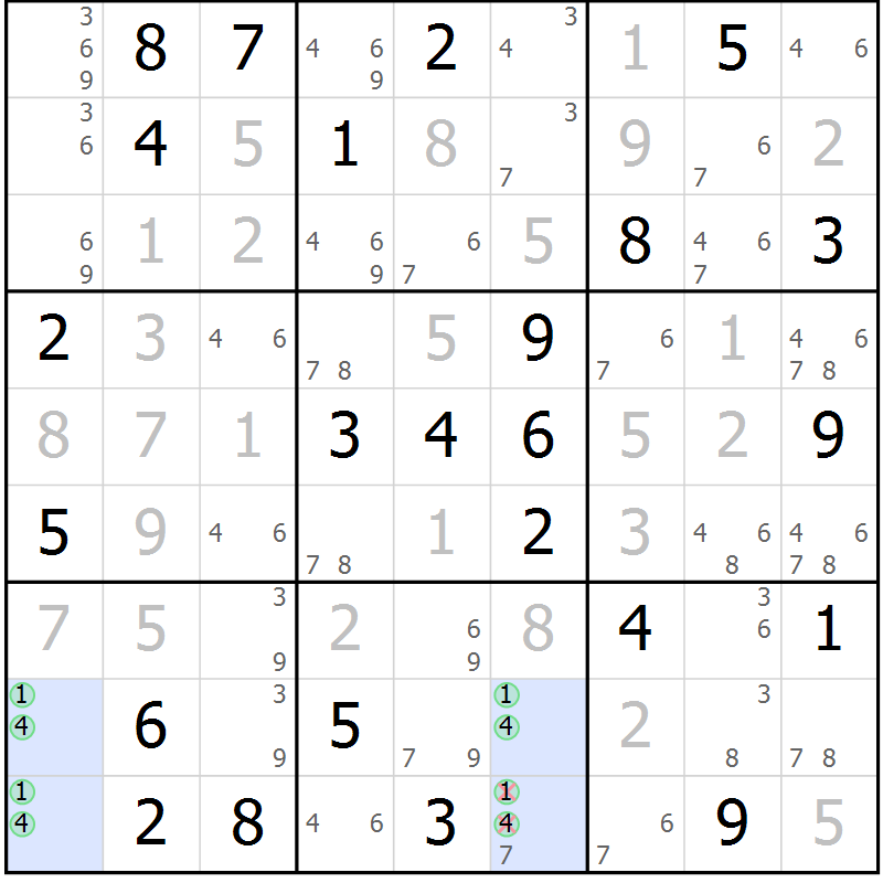 Position des candidats pour la solution de la Gr 56 page 58 du magazine de sudoku SUDOKU EXPERT n° 022