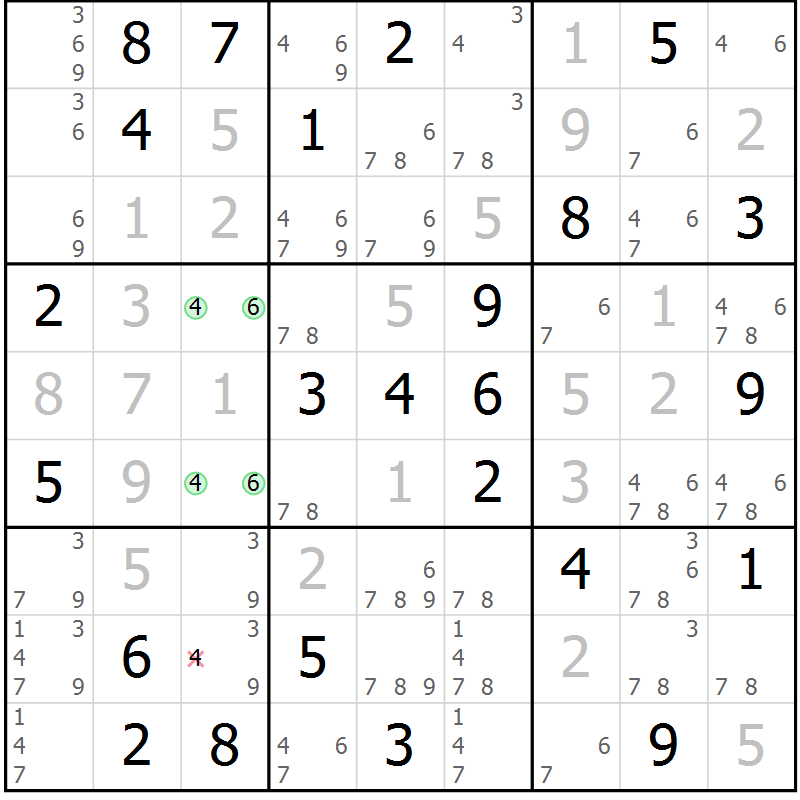 Position des candidats pour la solution de la Gr 56 page 58 du magazine de sudoku SUDOKU EXPERT n° 022