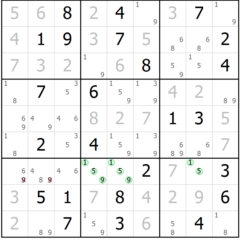 Position des candidats pour la solution de la Gr 57 page 59 du magazine de sudoku SUDOKU EXPERT n° 022