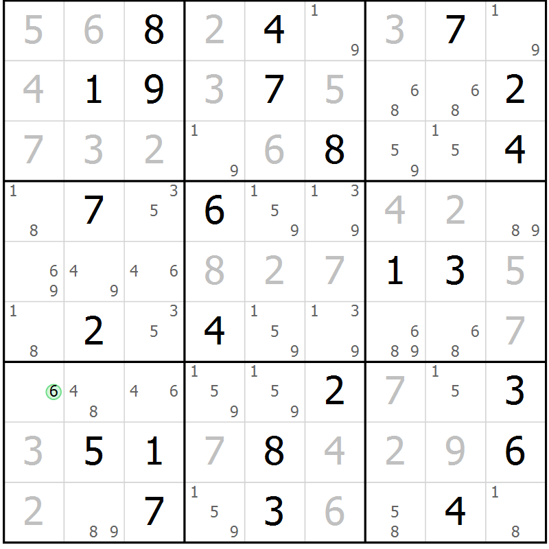 Position des candidats pour la solution de la Gr 57 page 59 du magazine de sudoku SUDOKU EXPERT n° 022