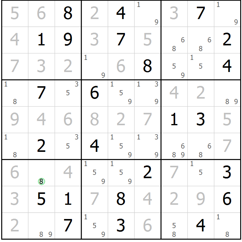 Position des candidats pour la solution de la Gr 57 page 59 du magazine de sudoku SUDOKU EXPERT n° 022