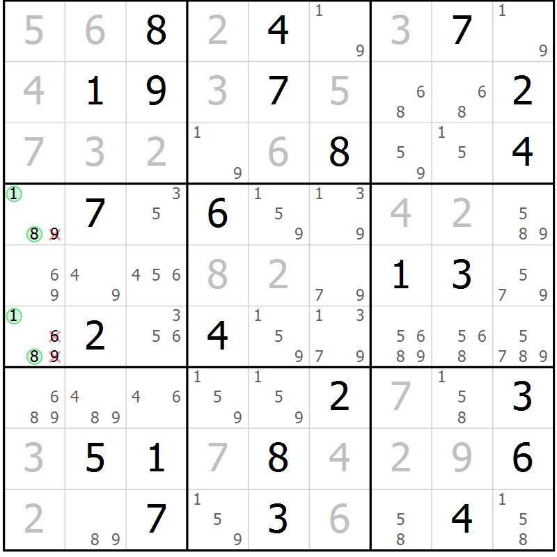 Position des candidats pour la solution de la Gr 57 page 59 du magazine de sudoku SUDOKU EXPERT n° 022