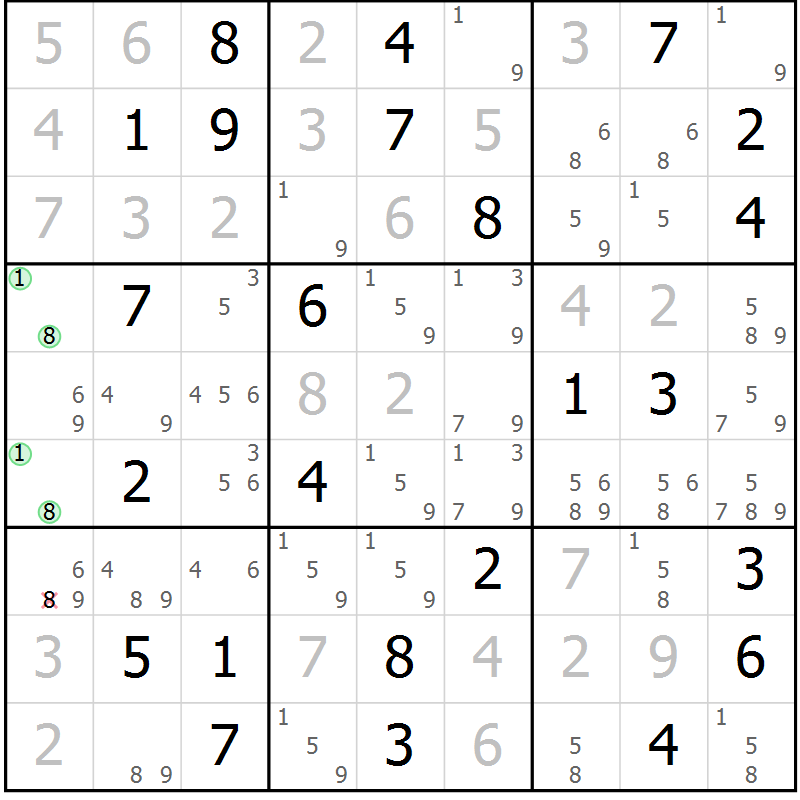 Position des candidats pour la solution de la Gr 57 page 59 du magazine de sudoku SUDOKU EXPERT n° 022