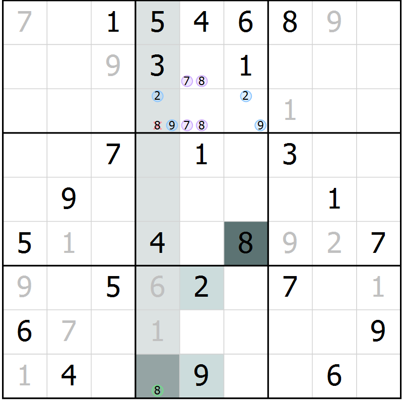 Position des candidats pour la solution de la Gr 58 page 60 du magazine de sudoku SUDOKU EXPERT n° 022