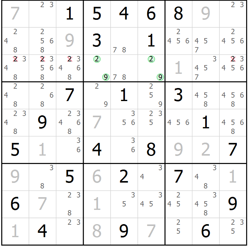 Position des candidats pour la solution de la Gr 58 page 60 du magazine de sudoku SUDOKU EXPERT n° 022