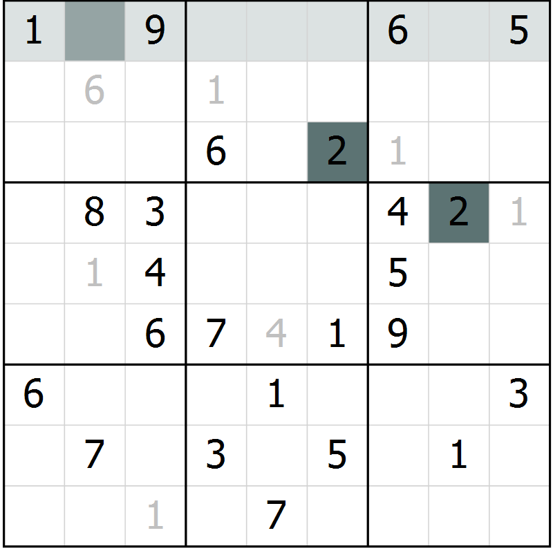 Position des candidats pour la solution de la Gr 6 page 8 du magazine de sudoku SUDOKU EXPERT n° 022