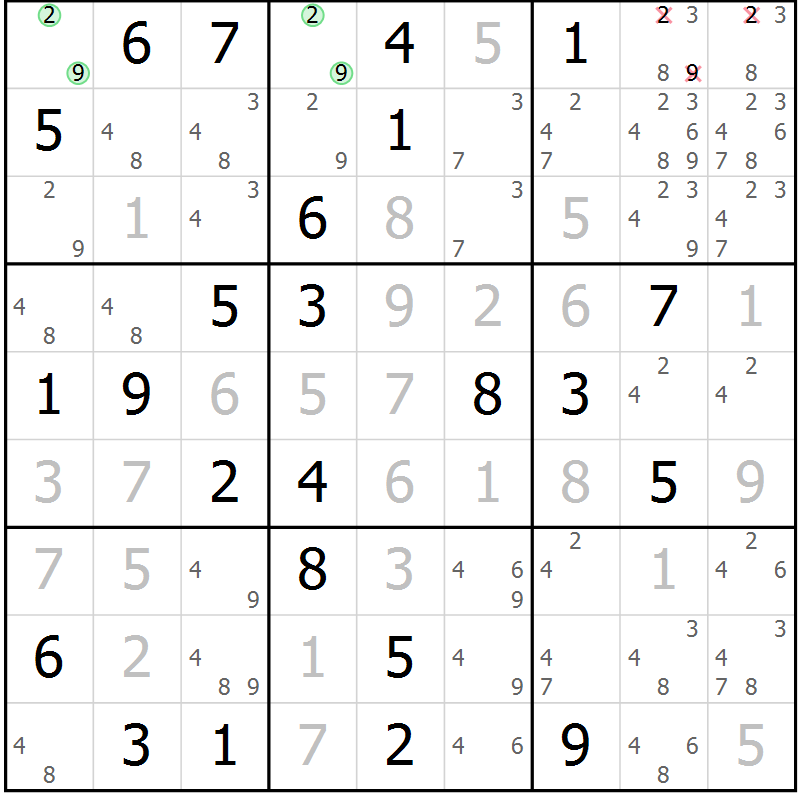 Position des candidats pour la solution de la Gr 61 page 63 du magazine de sudoku SUDOKU EXPERT n° 022