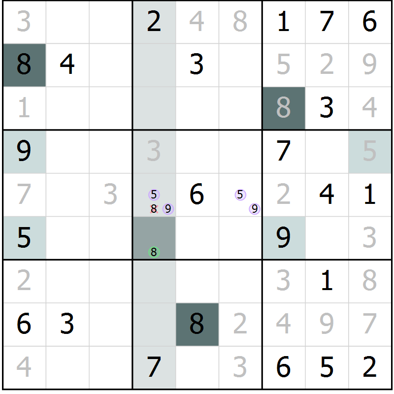 Position des candidats pour la solution de la Gr 63 page 65 du magazine de sudoku SUDOKU EXPERT n° 022