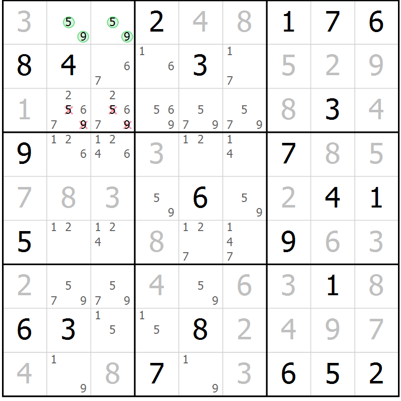 Position des candidats pour la solution de la Gr 63 page 65 du magazine de sudoku SUDOKU EXPERT n° 022