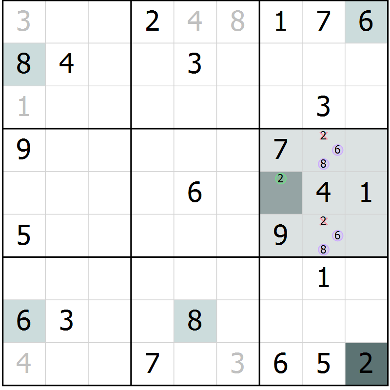 Position des candidats pour la solution de la Gr 63 page 65 du magazine de sudoku SUDOKU EXPERT n° 022