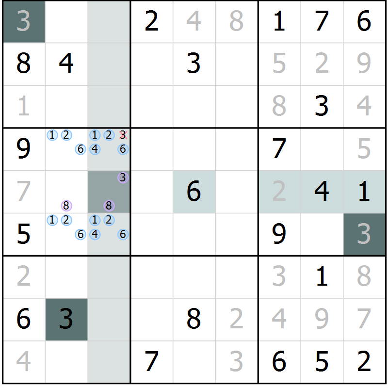 Position des candidats pour la solution de la Gr 63 page 65 du magazine de sudoku SUDOKU EXPERT n° 022