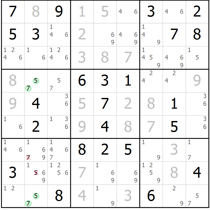 Position des candidats pour la solution de la Gr 65 page 67 du magazine de sudoku SUDOKU EXPERT n° 022