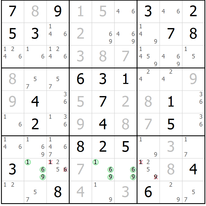 Position des candidats pour la solution de la Gr 65 page 67 du magazine de sudoku SUDOKU EXPERT n° 022