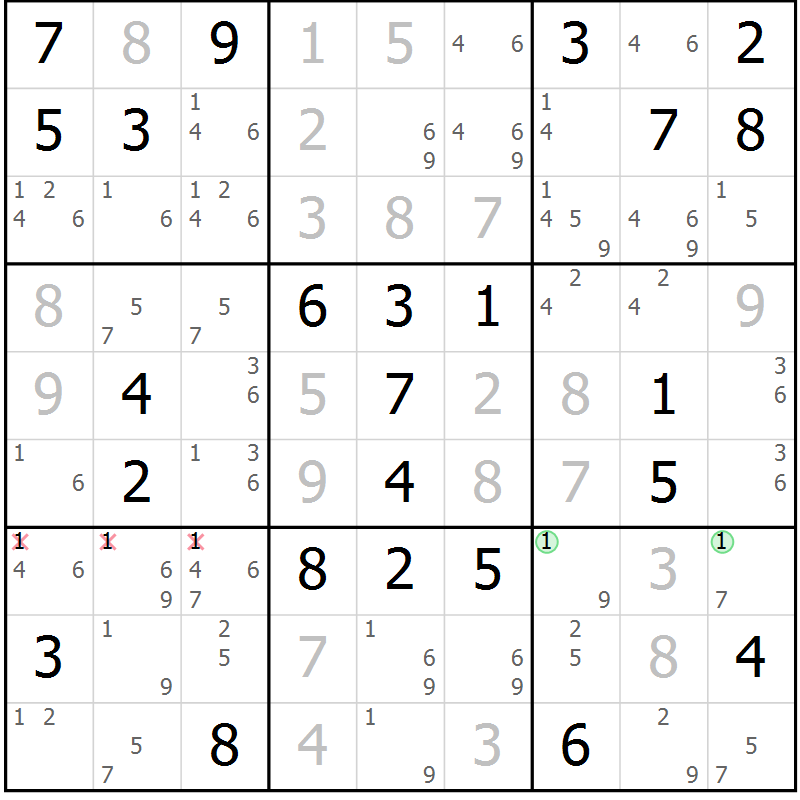 Position des candidats pour la solution de la Gr 65 page 67 du magazine de sudoku SUDOKU EXPERT n° 022