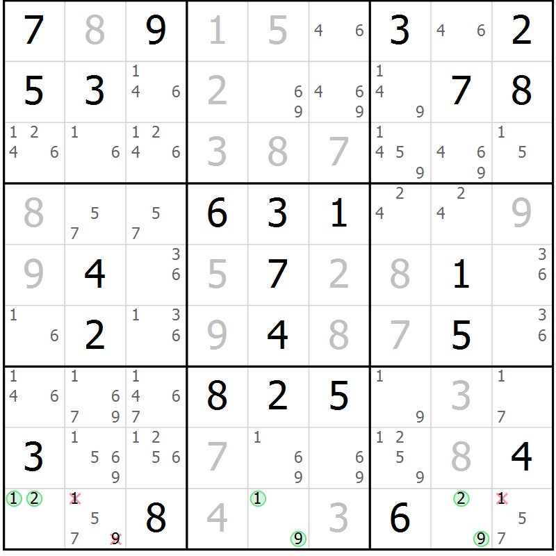 Position des candidats pour la solution de la Gr 65 page 67 du magazine de sudoku SUDOKU EXPERT n° 022