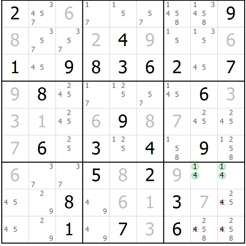Position des candidats pour la solution de la Gr 66 page 68 du magazine de sudoku SUDOKU EXPERT n° 022