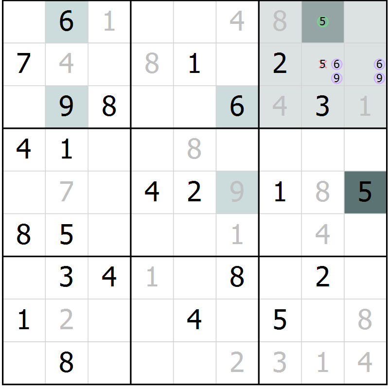 Position des candidats pour la solution de la Gr 67 page 69 du magazine de sudoku SUDOKU EXPERT n° 022