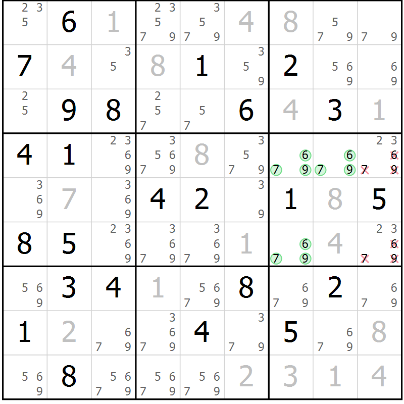 Position des candidats pour la solution de la Gr 67 page 69 du magazine de sudoku SUDOKU EXPERT n° 022