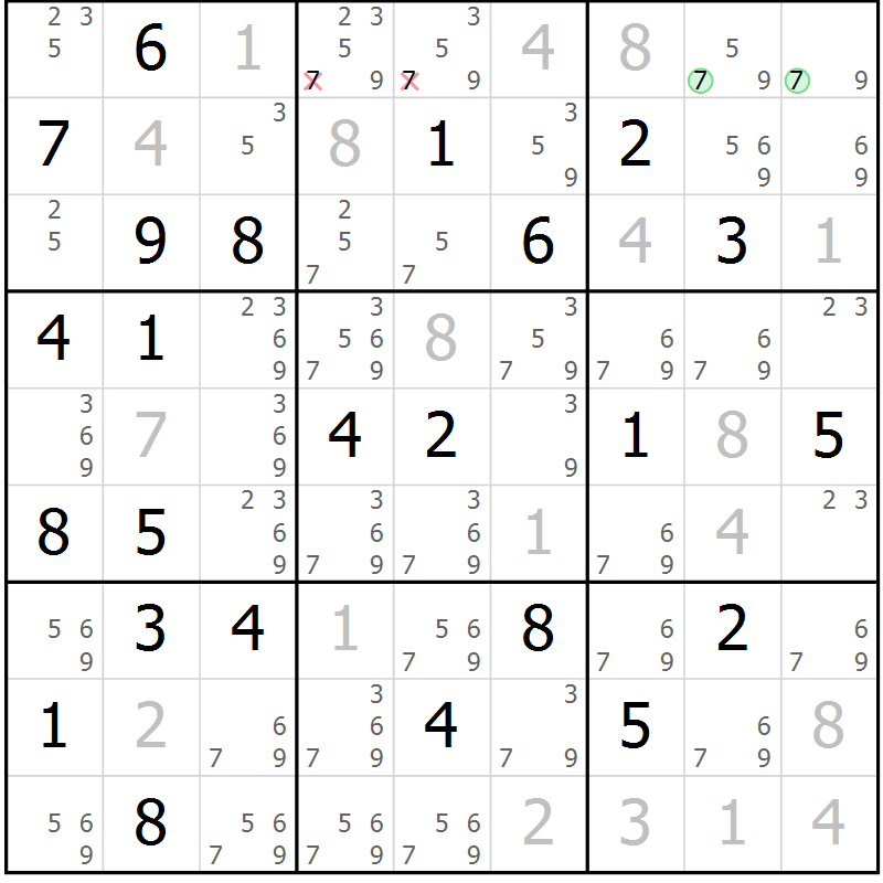 Position des candidats pour la solution de la Gr 67 page 69 du magazine de sudoku SUDOKU EXPERT n° 022
