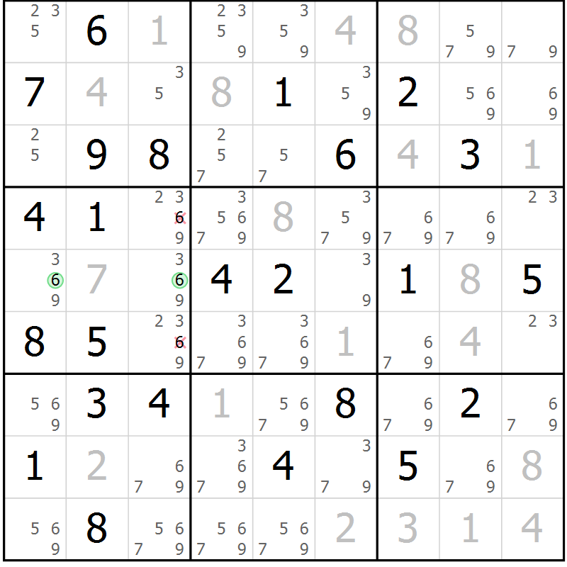 Position des candidats pour la solution de la Gr 67 page 69 du magazine de sudoku SUDOKU EXPERT n° 022