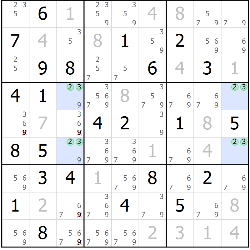 Position des candidats pour la solution de la Gr 67 page 69 du magazine de sudoku SUDOKU EXPERT n° 022