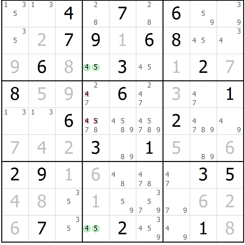 Position des candidats pour la solution de la Gr 68 page 70 du magazine de sudoku SUDOKU EXPERT n° 022