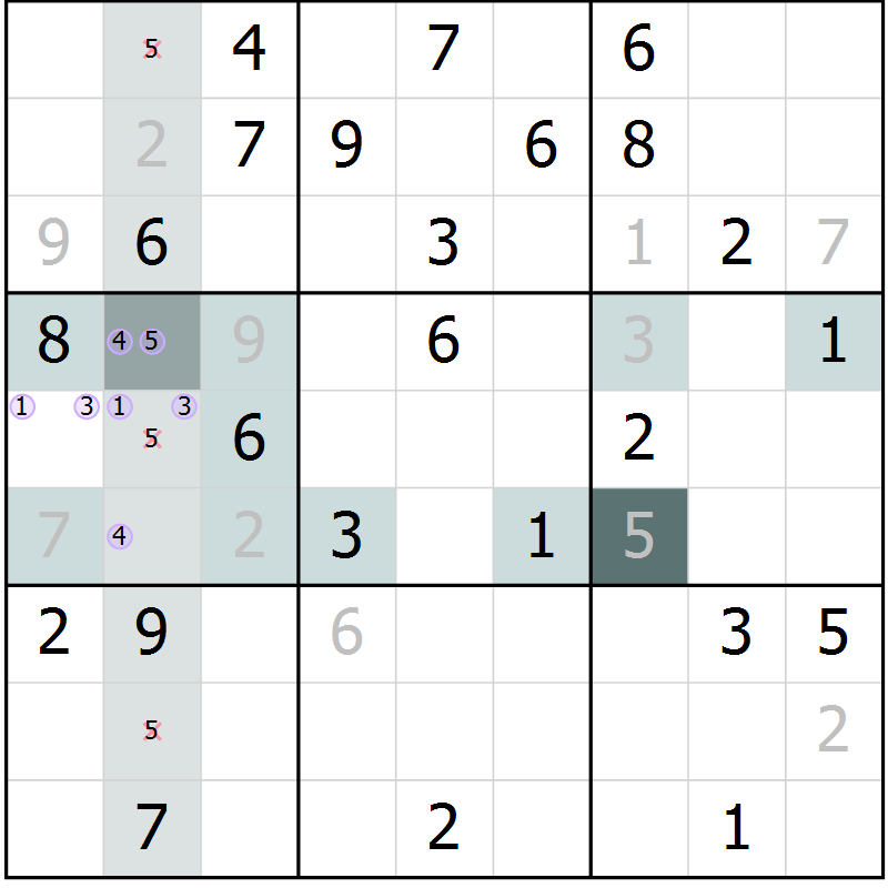 Position des candidats pour la solution de la Gr 68 page 70 du magazine de sudoku SUDOKU EXPERT n° 022