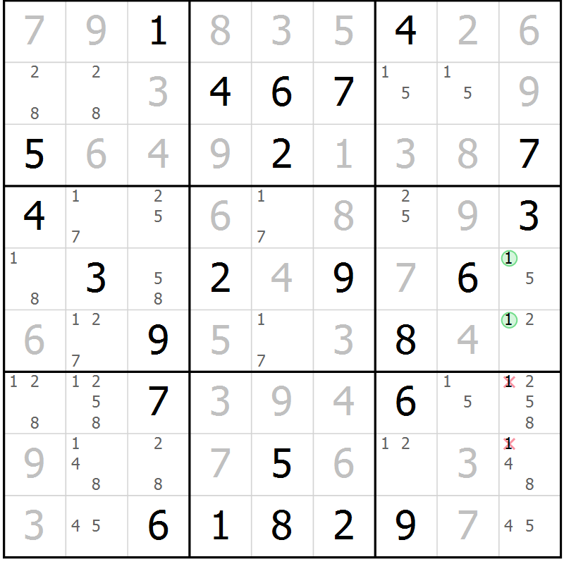 Position des candidats pour la solution de la Gr 69 page 71 du magazine de sudoku SUDOKU EXPERT n° 022