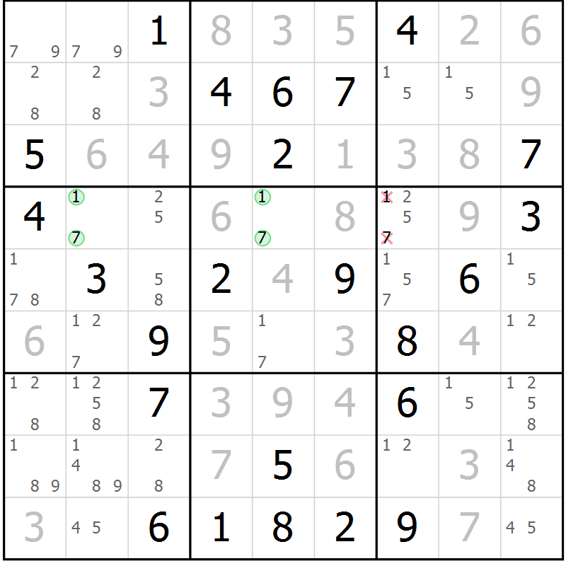 Position des candidats pour la solution de la Gr 69 page 71 du magazine de sudoku SUDOKU EXPERT n° 022