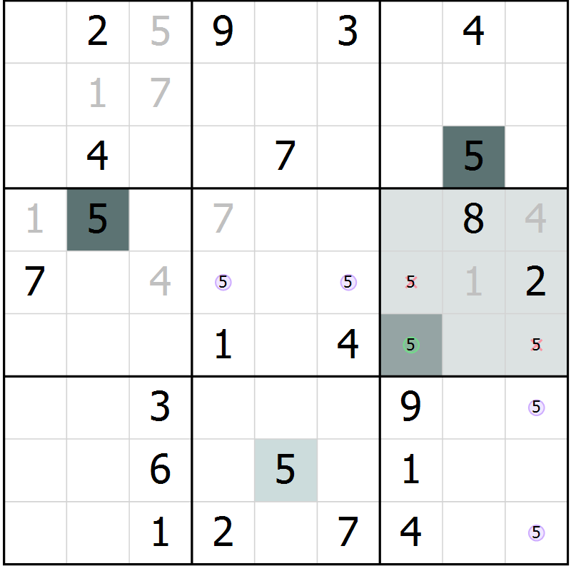 Position des candidats pour la solution de la Gr 7 page 9 du magazine de sudoku SUDOKU EXPERT n° 022