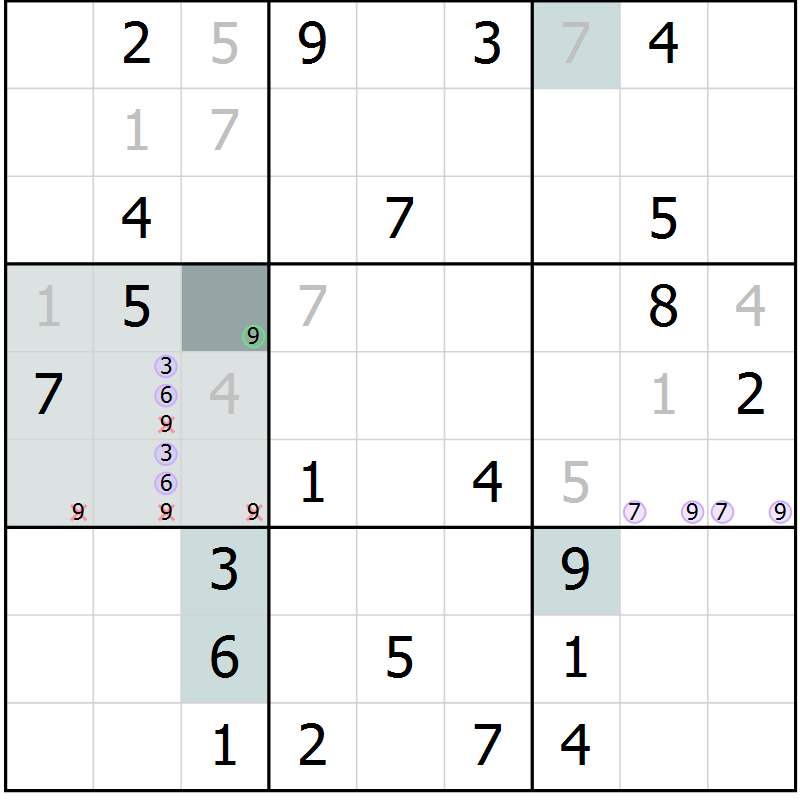Position des candidats pour la solution de la Gr 7 page 9 du magazine de sudoku SUDOKU EXPERT n° 022