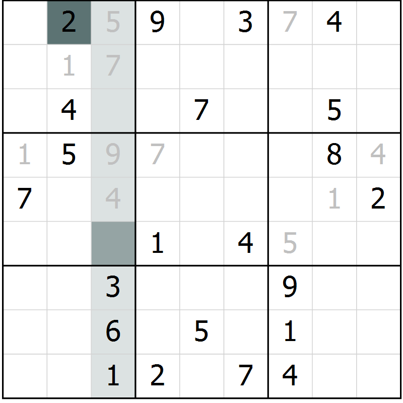 Position des candidats pour la solution de la Gr 7 page 9 du magazine de sudoku SUDOKU EXPERT n° 022