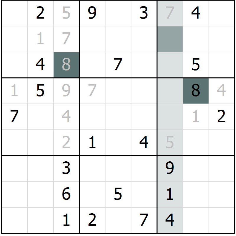 Position des candidats pour la solution de la Gr 7 page 9 du magazine de sudoku SUDOKU EXPERT n° 022