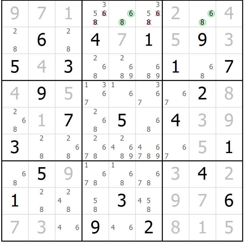 Position des candidats pour la solution de la Gr 8 page 10 du magazine de sudoku SUDOKU EXPERT n° 022