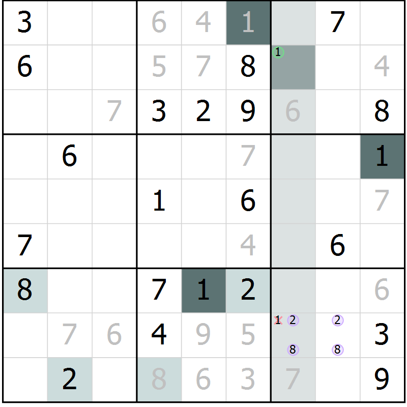 Position des candidats pour la solution de la Gr 9 page 11 du magazine de sudoku SUDOKU EXPERT n° 022