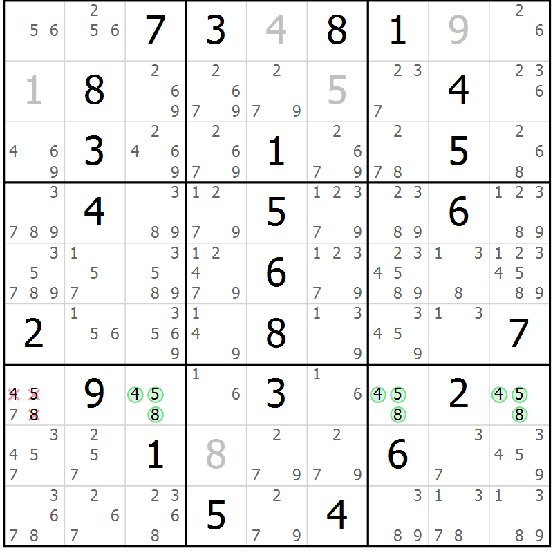 Position des candidats pour la solution de la Gr 1 page 4 du magazine de sudoku Maestro n° 085