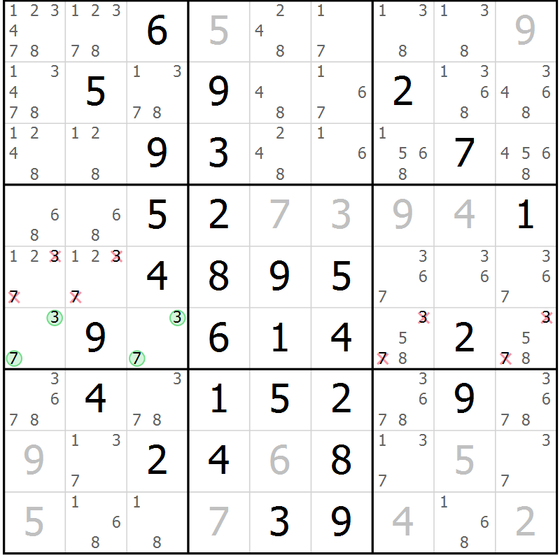 Position des candidats pour la solution de la Gr 10 page 13 du magazine de sudoku Maestro n° 085