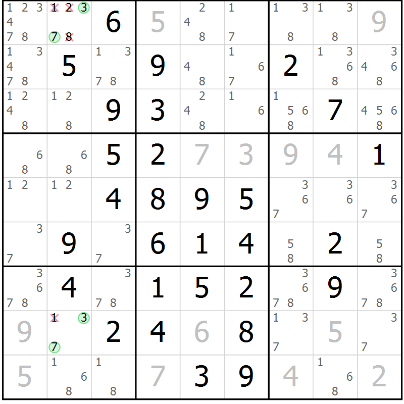 Position des candidats pour la solution de la Gr 10 page 13 du magazine de sudoku Maestro n° 085