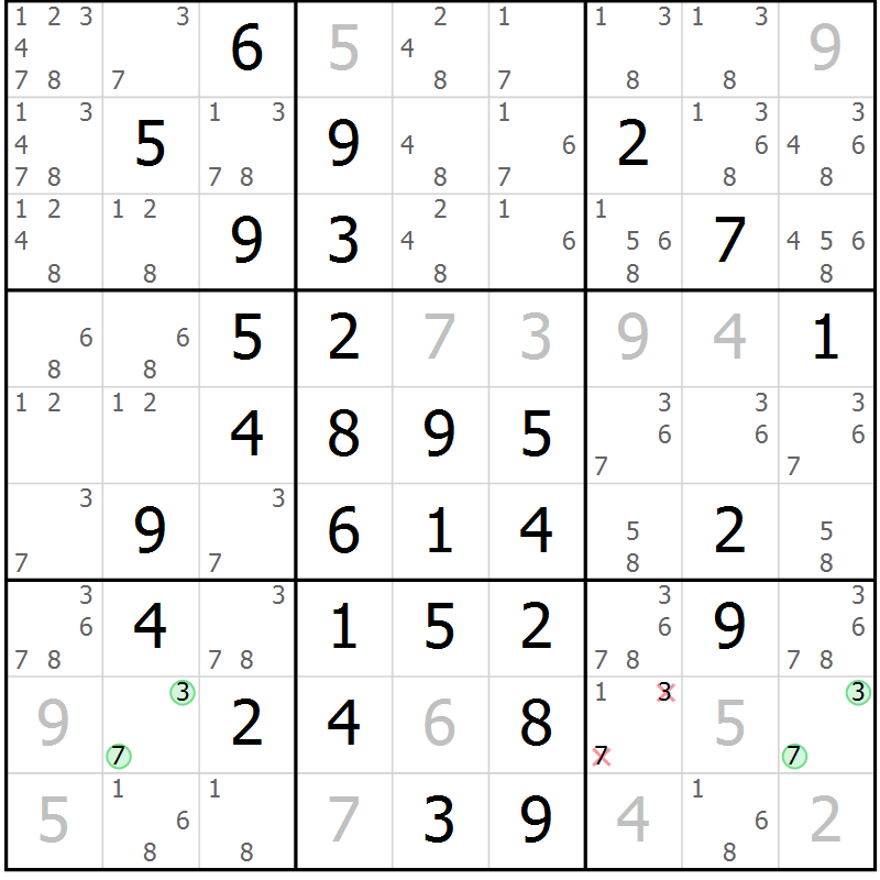 Position des candidats pour la solution de la Gr 10 page 13 du magazine de sudoku Maestro n° 085