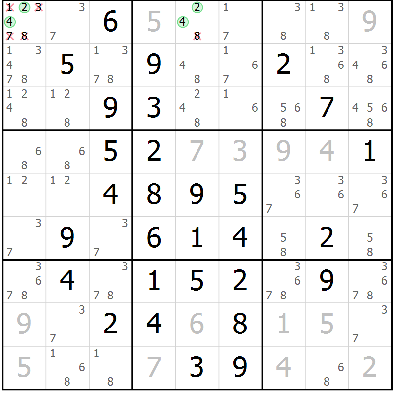 Position des candidats pour la solution de la Gr 10 page 13 du magazine de sudoku Maestro n° 085