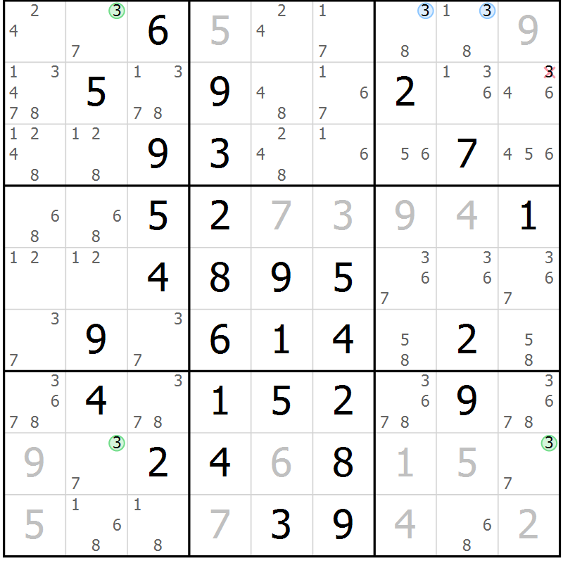 Position des candidats pour la solution de la Gr 10 page 13 du magazine de sudoku Maestro n° 085
