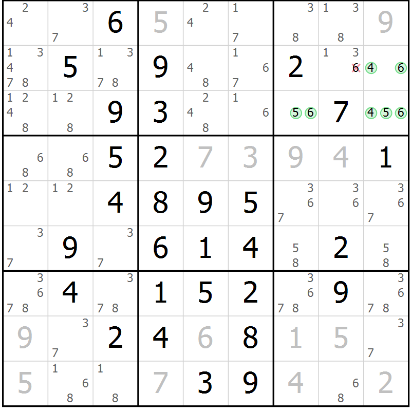 Position des candidats pour la solution de la Gr 10 page 13 du magazine de sudoku Maestro n° 085