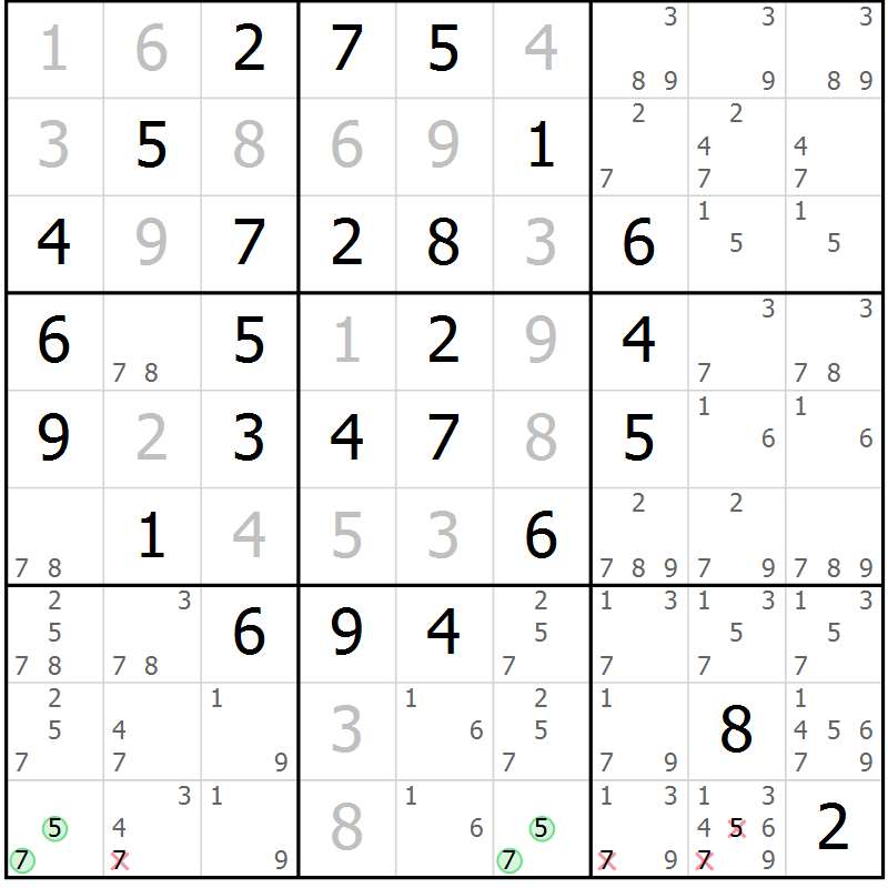 Position des candidats pour la solution de la Gr 11 page 14 du magazine de sudoku Maestro n° 085
