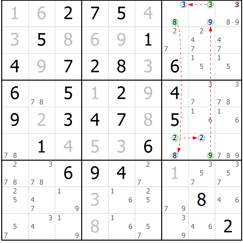Position des candidats pour la solution de la Gr 11 page 14 du magazine de sudoku Maestro n° 085