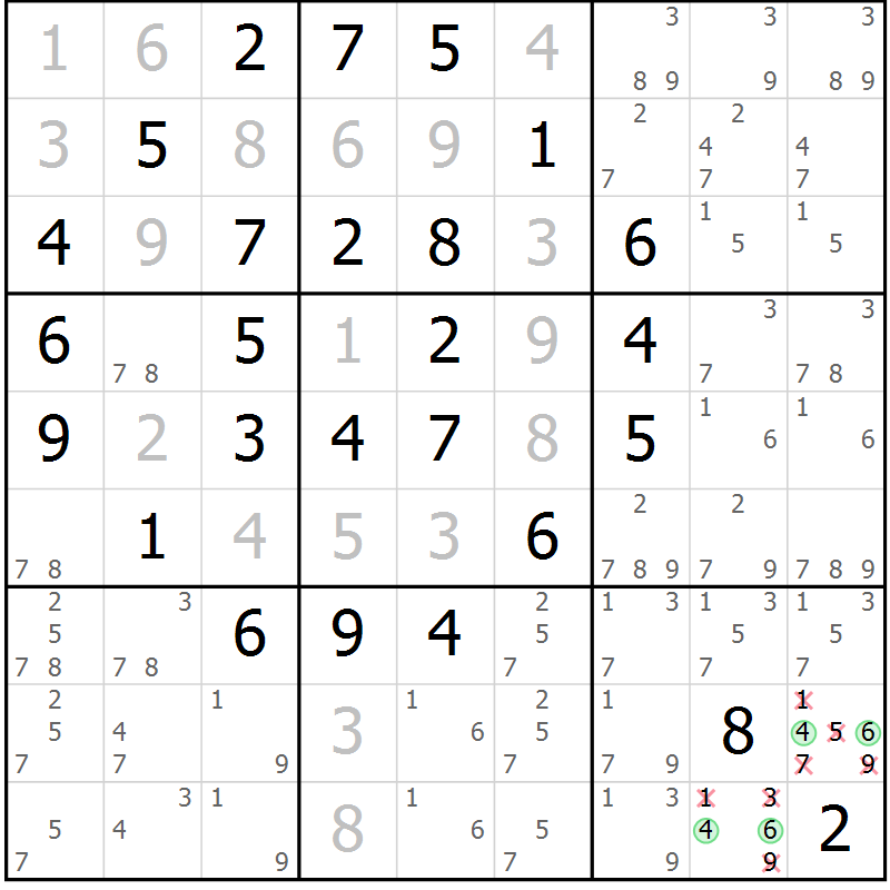 Position des candidats pour la solution de la Gr 11 page 14 du magazine de sudoku Maestro n° 085