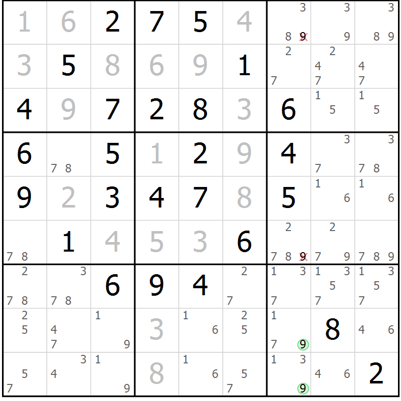 Position des candidats pour la solution de la Gr 11 page 14 du magazine de sudoku Maestro n° 085
