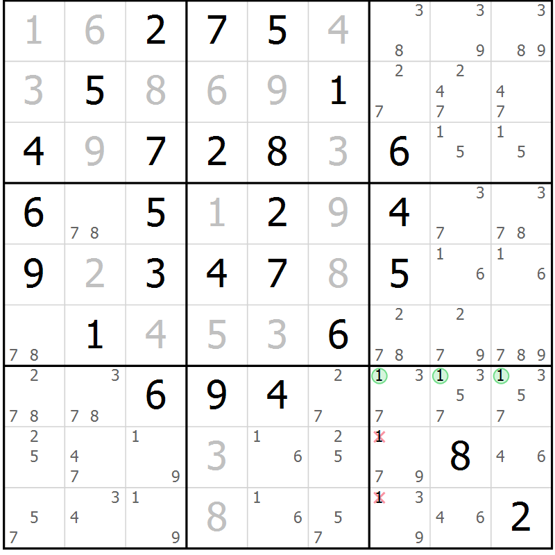 Position des candidats pour la solution de la Gr 11 page 14 du magazine de sudoku Maestro n° 085
