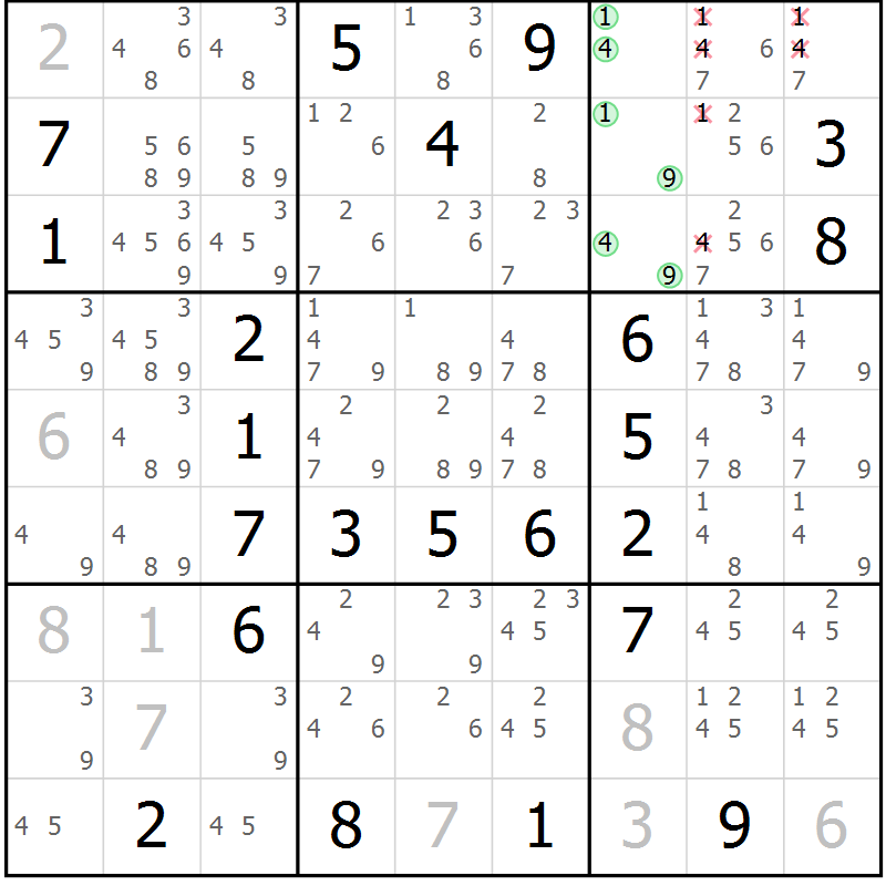 Position des candidats pour la solution de la Gr 12 page 15 du magazine de sudoku Maestro n° 085