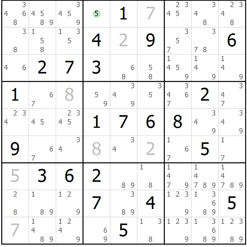 Position des candidats pour la solution de la Gr 13 page 16 du magazine de sudoku Maestro n° 085